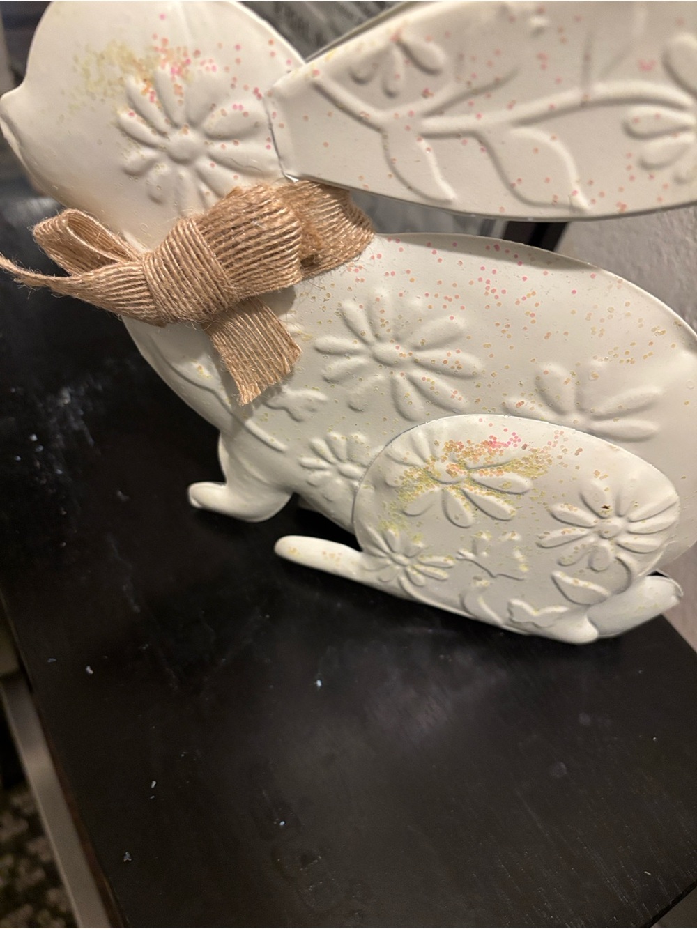Bunny Dear White Floral Embossed Bunny with Tan Bow Wall Decor